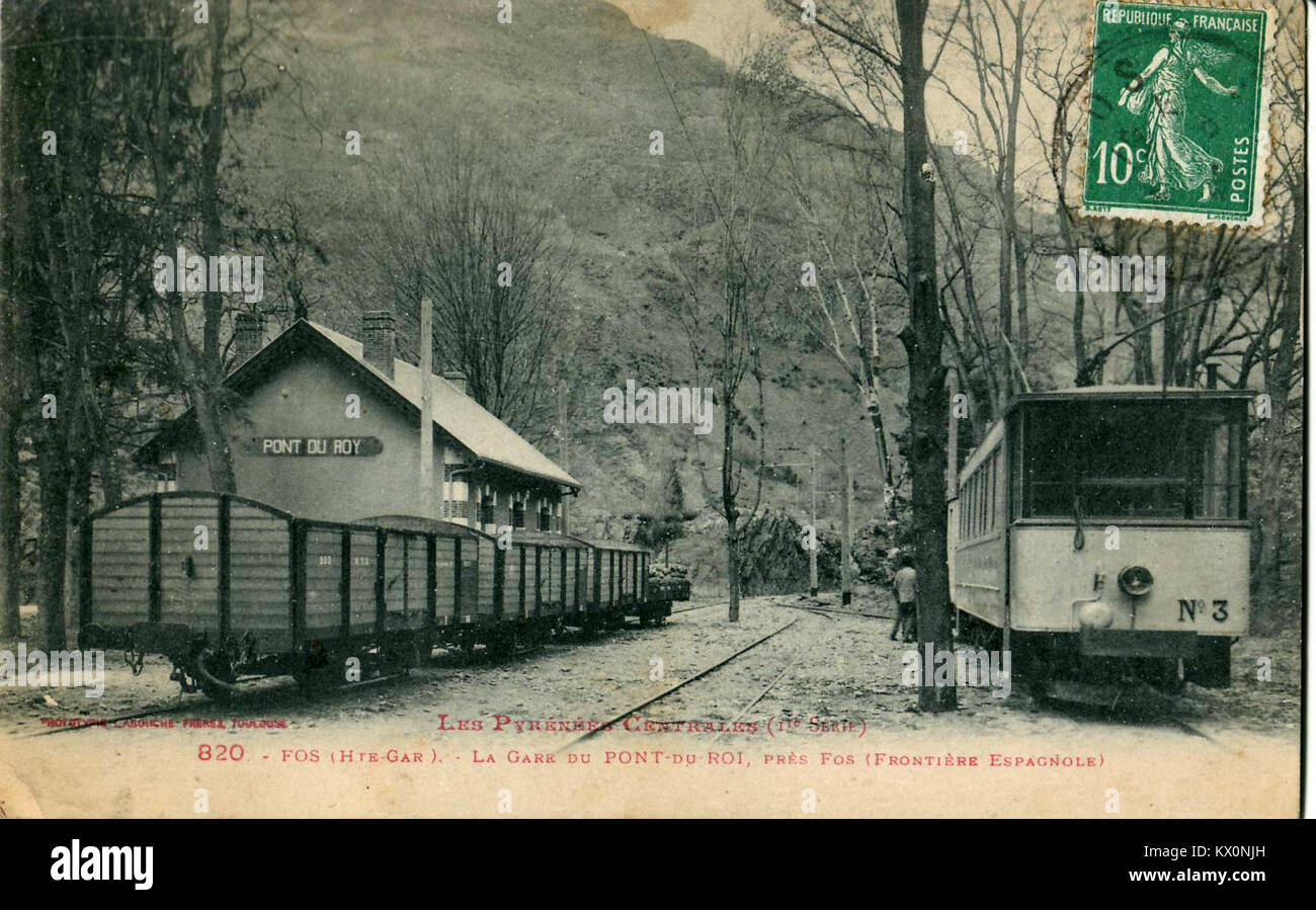 This image shows La Gare du Pont-du-Roi, located near Fos, at the Spanish border, highlighting the historical transportation hub in the Central Pyrenees. Stock Photo