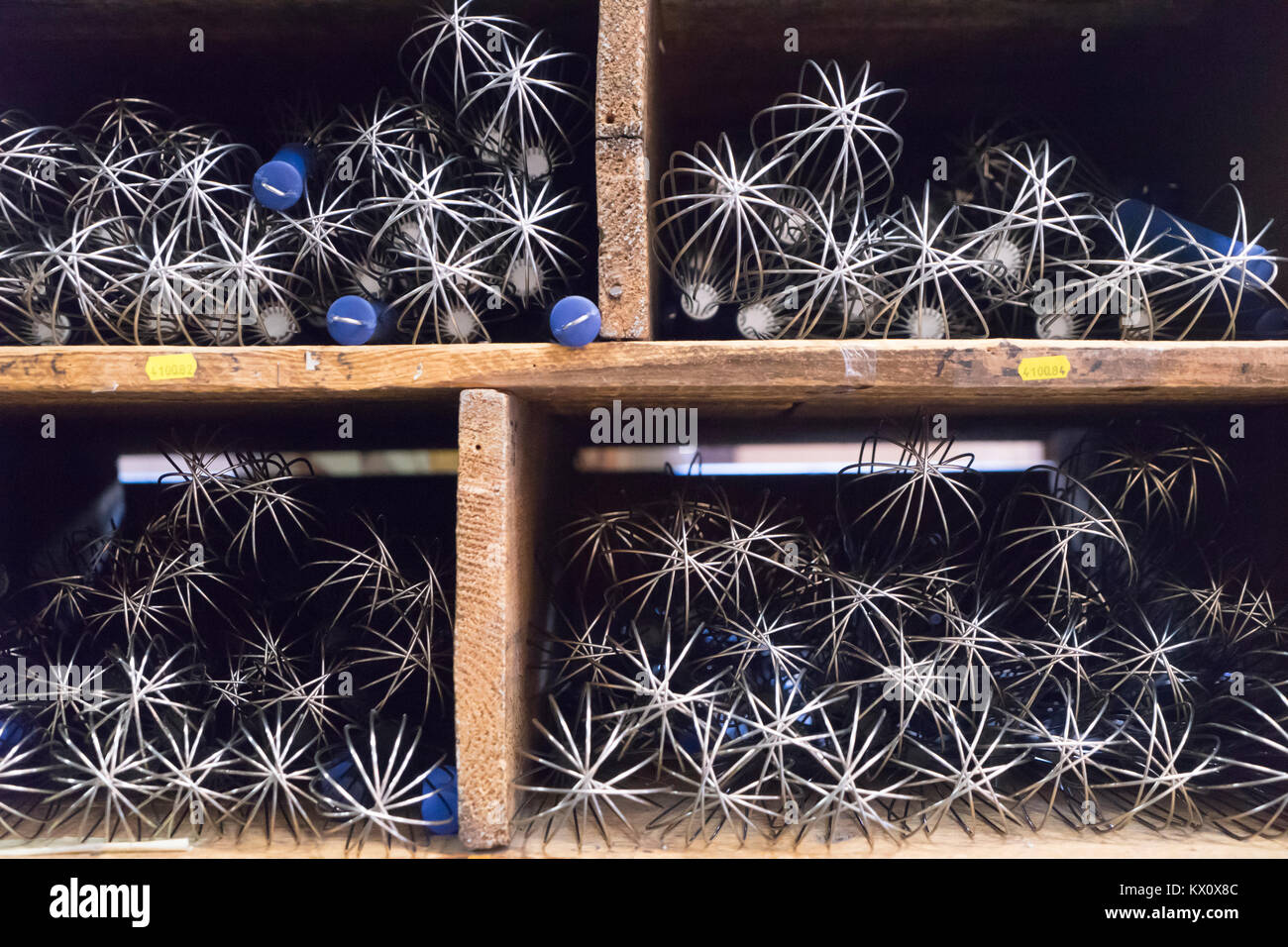France, Paris (75), Whisks neatly stacked in Dehillerin's, a store devoted to cooking utensils. Stock Photo