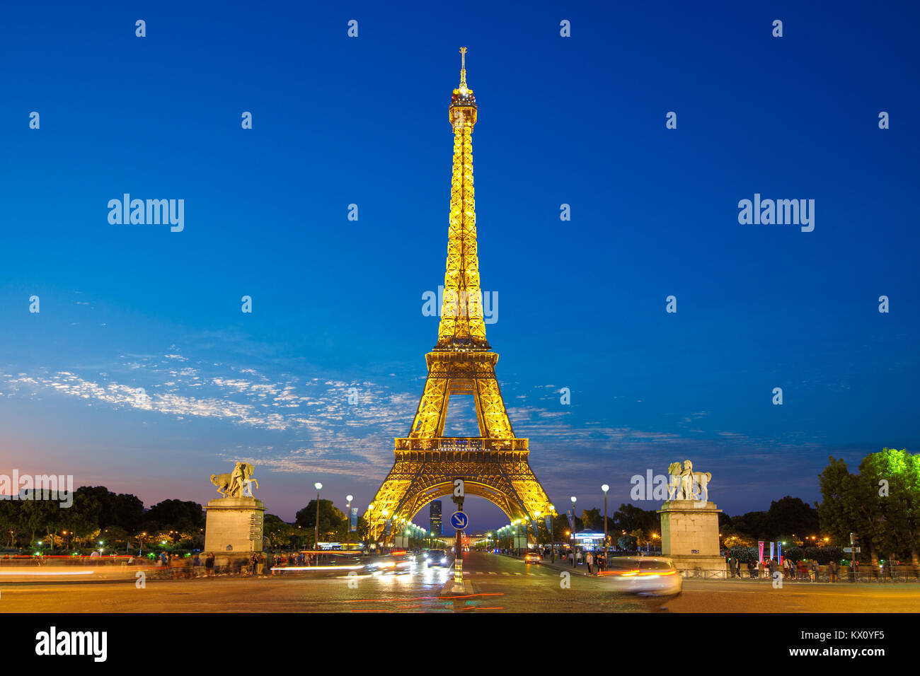 night view of Eiffel Tower in Paris Stock Photo
