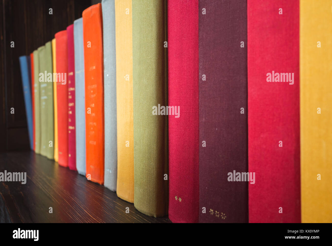 Old books in colorful covers stand on wooden shelf Stock Photo