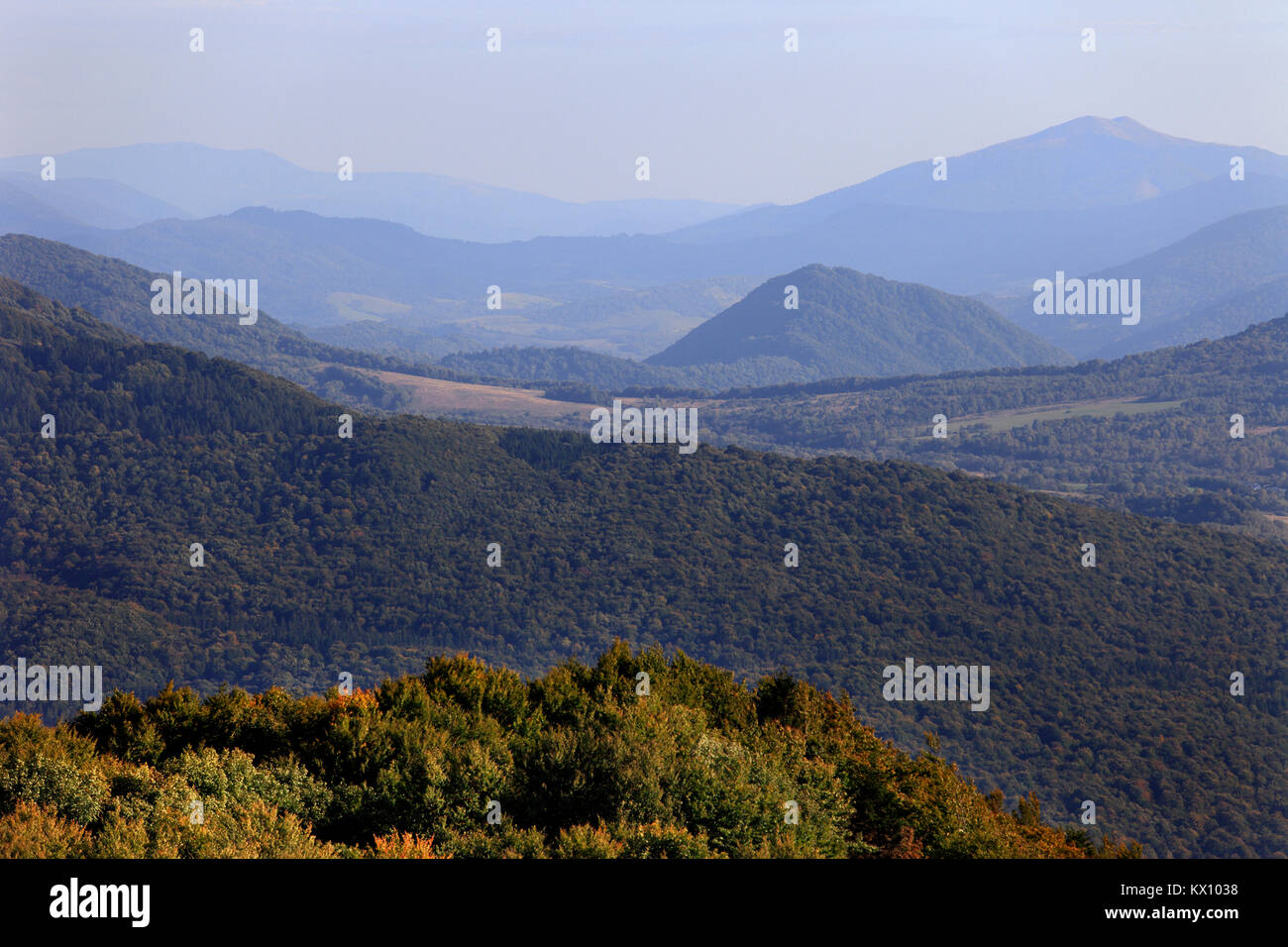 Wooded slopes of the Wolosatka Valley and Uzanski National Park in Bieszczady Mountains in South East Poland Stock Photo