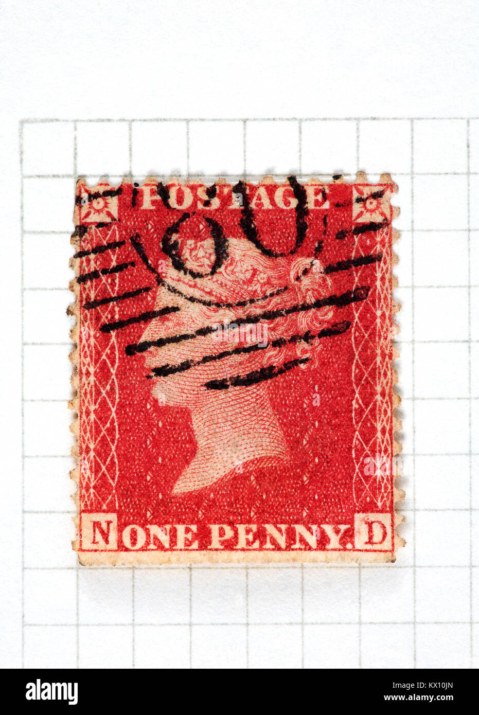 A Queen Victoria Penny Red used postage stamp from the period 1854-57. Stock Photo