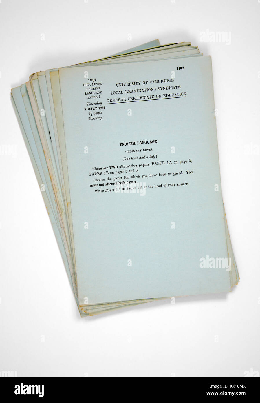 A set of the University of Cambridge Local Examinations Syndicate General Certificate of Education examination papers from 1962. Stock Photo