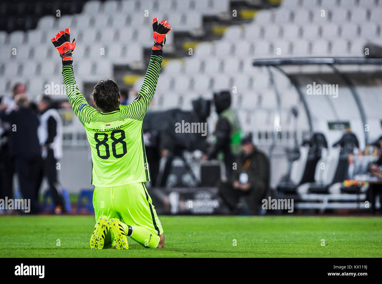 Goalkeeper Vladimir Stojkovic of Partizan celebrates the first goal from his team Stock Photo