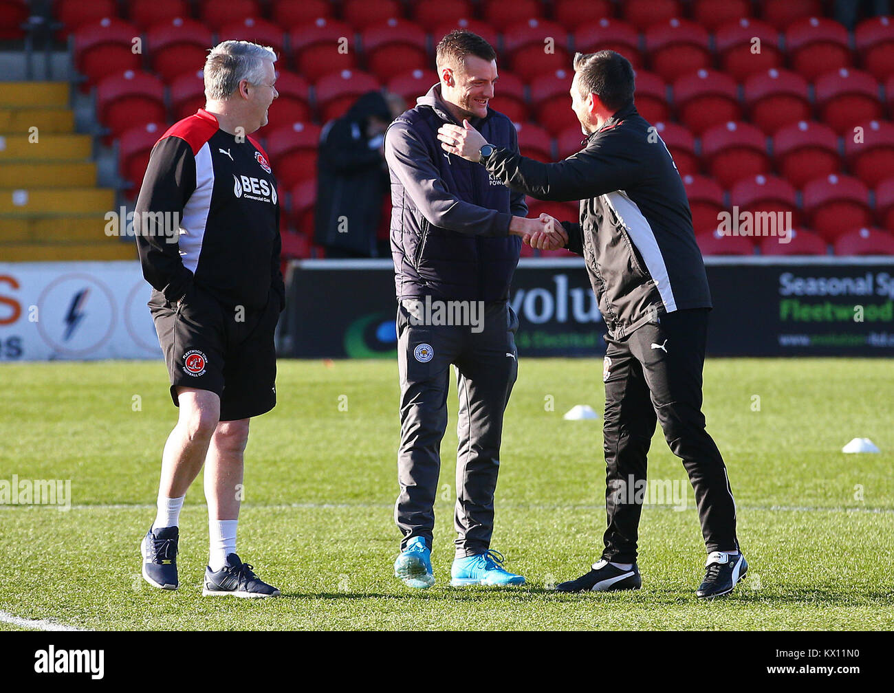 Leicester City's Jamie Vardy with members of the Fleetwood backroom staff  on the pitch before the FA Cup, third round match at Highbury Stadium,  Fleetwood Stock Photo - Alamy