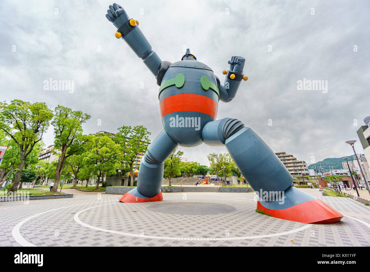 KOBE, JAPAN - June 5, 2015 : Tetsujin-28-go statue was built to commemorate the 15th anniversary of the Great Hanshin earthquake (Kobe, January 17th, 1995). Stock Photo