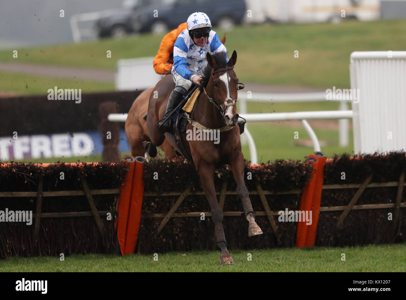 Diablo De Rouhet ridden by Mark Grant on their way to victory in the Coral Download The App Maiden Hurdle during Coral Welsh Grand National Day at Chepstow Racecourse, Chepstow. Stock Photo