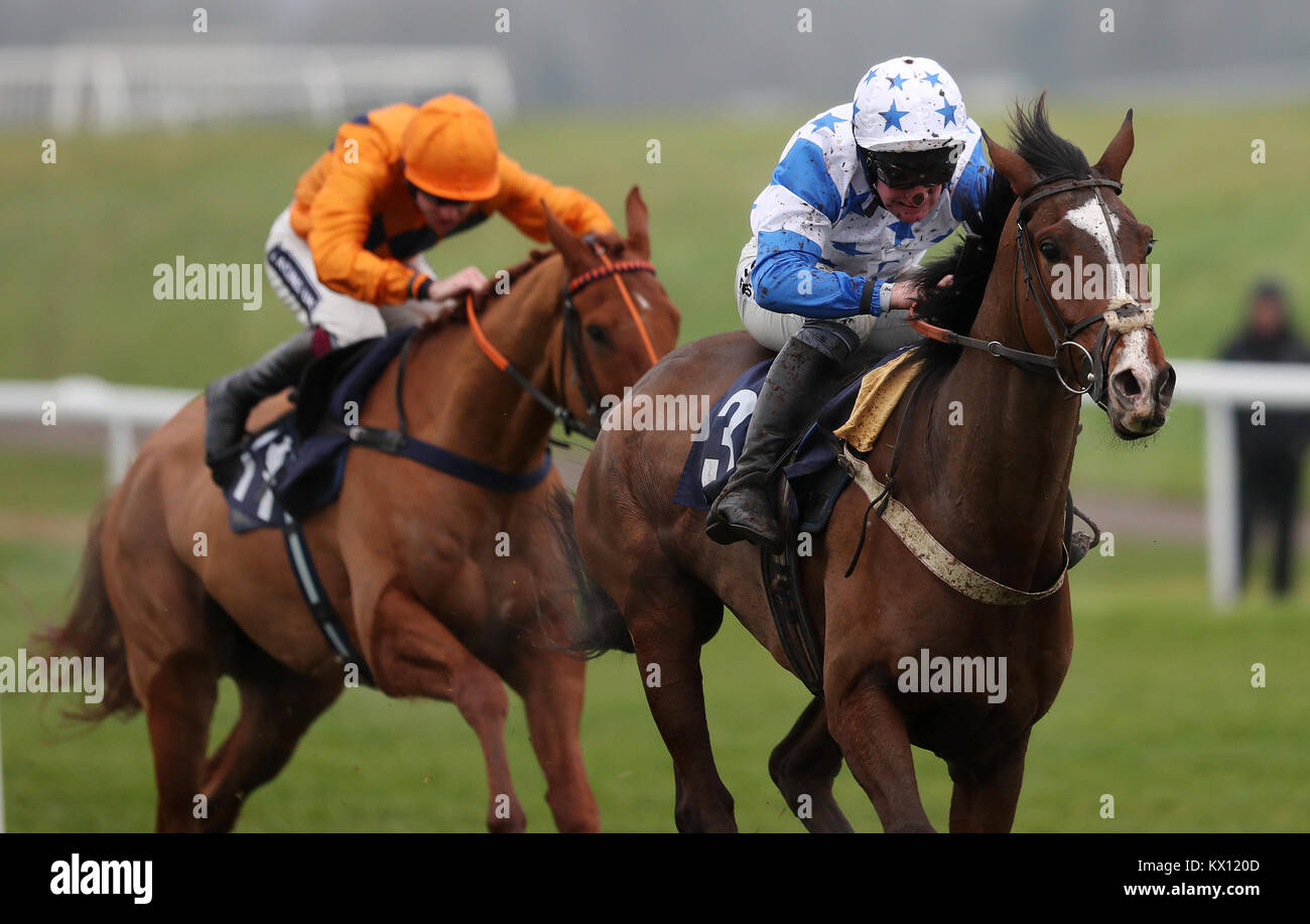 Diablo De Rouhet ridden by Mark Grant on their way to victory in the Coral Download The App Maiden Hurdle during Coral Welsh Grand National Day at Chepstow Racecourse, Chepstow. Stock Photo