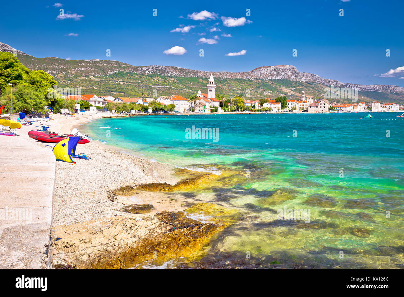 Kastel Stafilic landmarks and turquoise beach view, Split region of ...