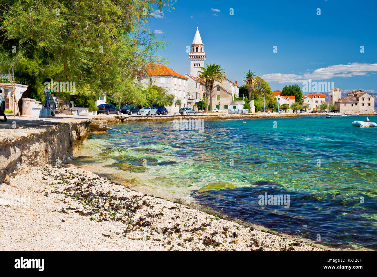 Kastel Stafilic landmarks and turquoise beach view, Split region of ...