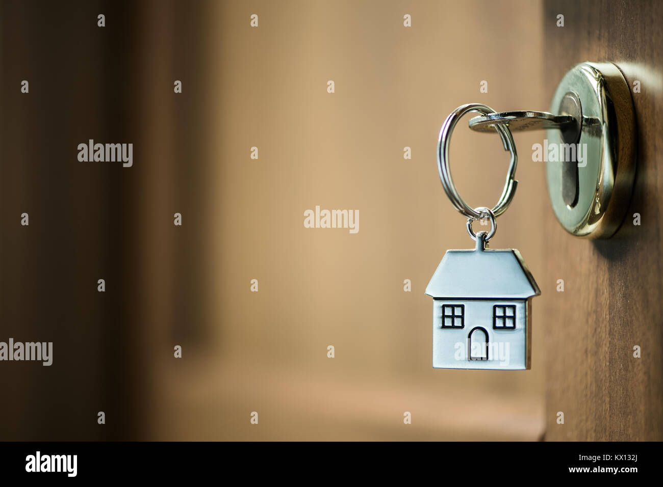 Silver house key in a door Stock Photo Alamy