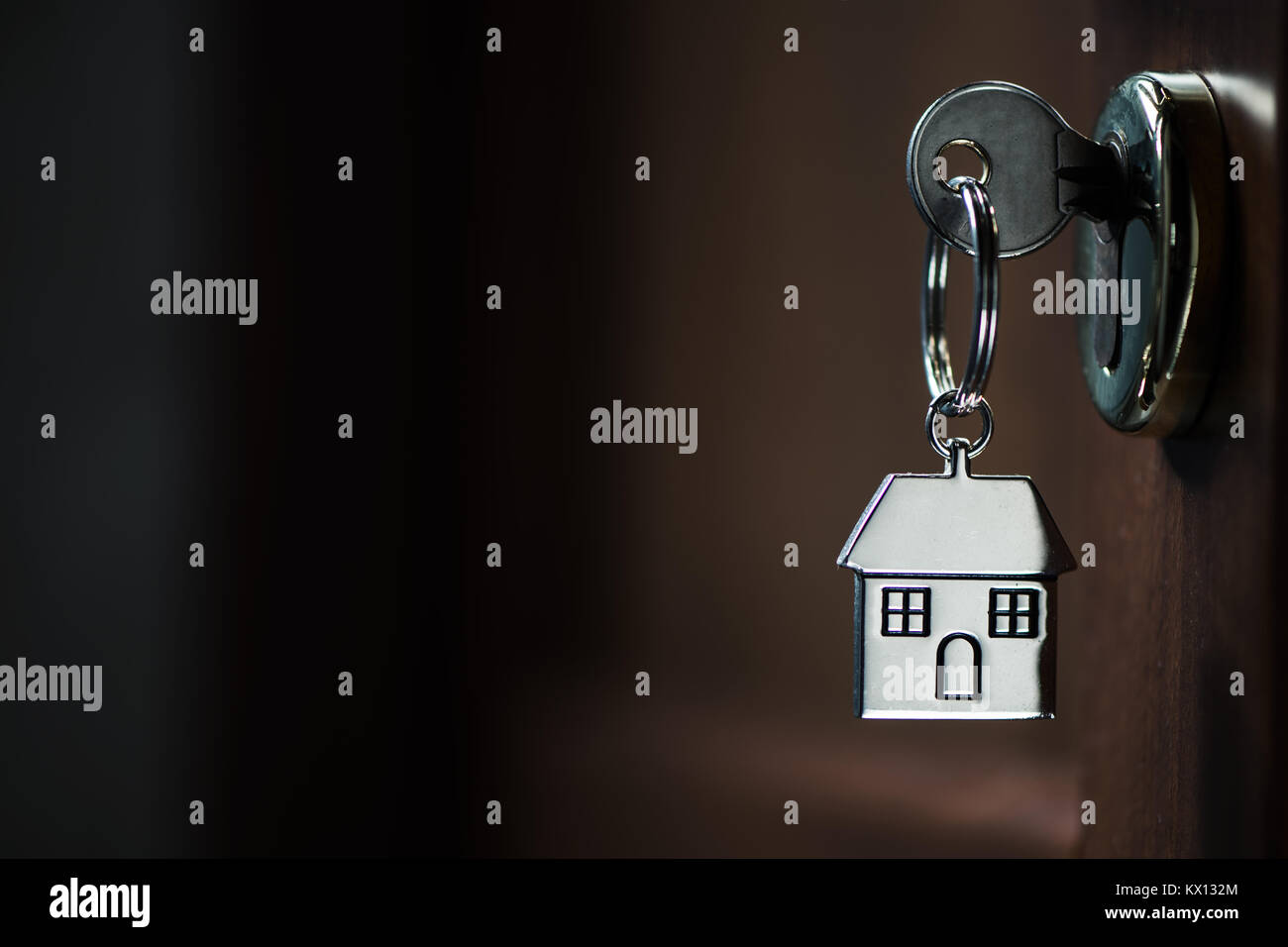 Silver house key in a door Stock Photo Alamy