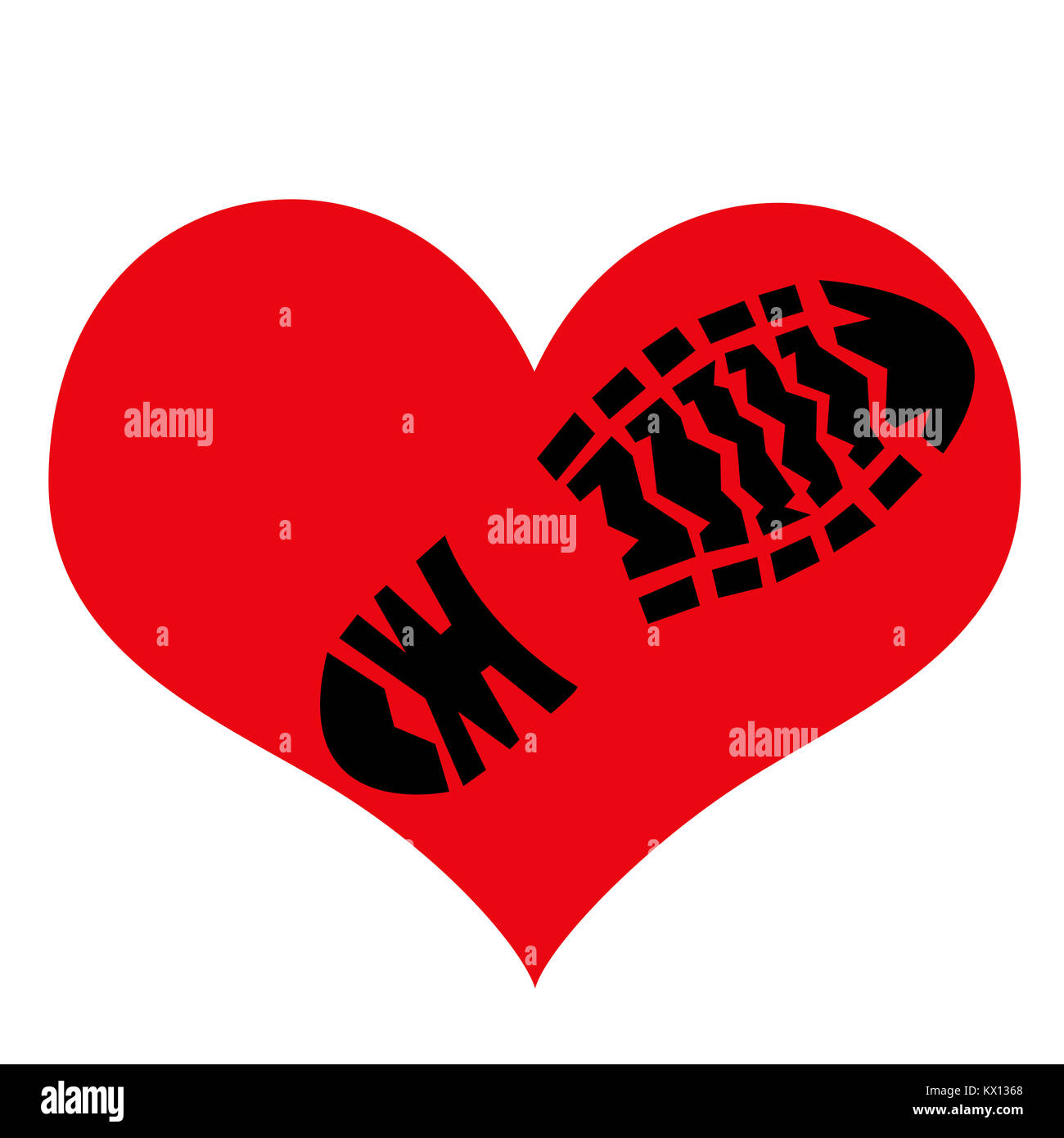 Imprint of the rough sole of the shoe on the symbol of love. Illustration. Stock Photo