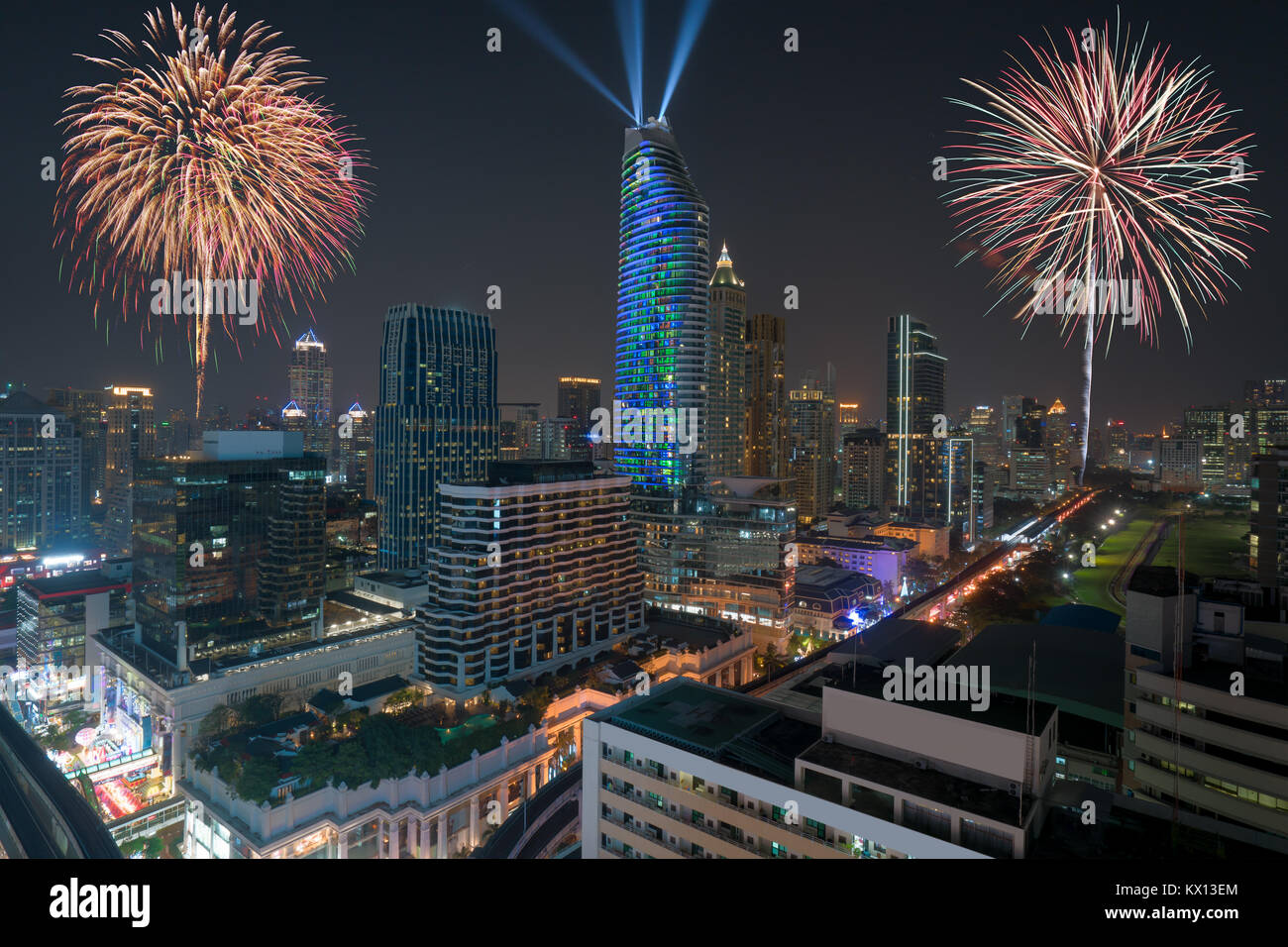 Night view 2018 new year celebration with skyscraper in business district in Bangkok Thailand