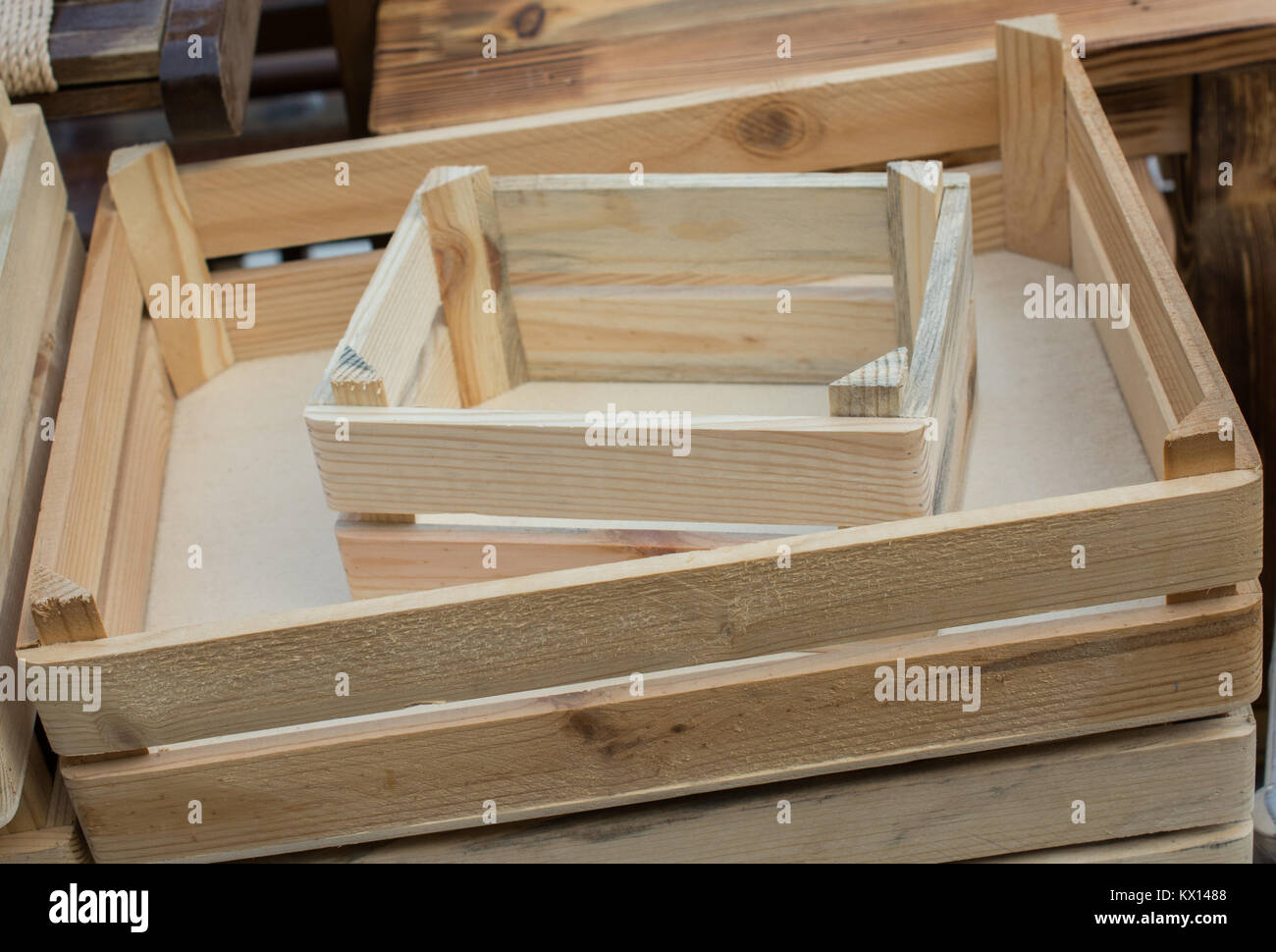 Wooden empty crate box for sale in a market Stock Photo - Alamy
