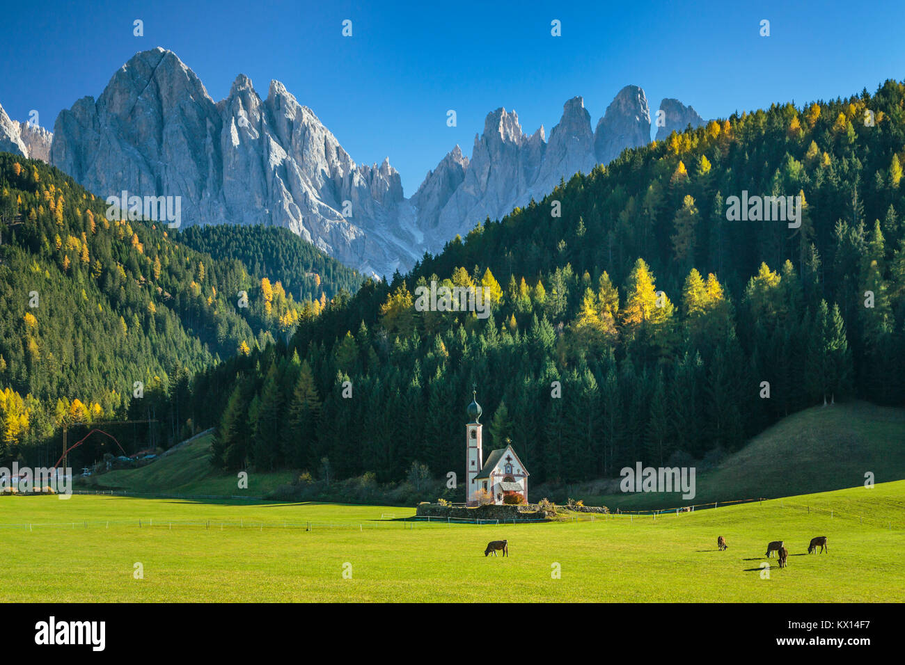 The Val di Funes Valley and San Giovanni church with views of the Dolomites, South Tyrol, Italy, Europe. Stock Photo