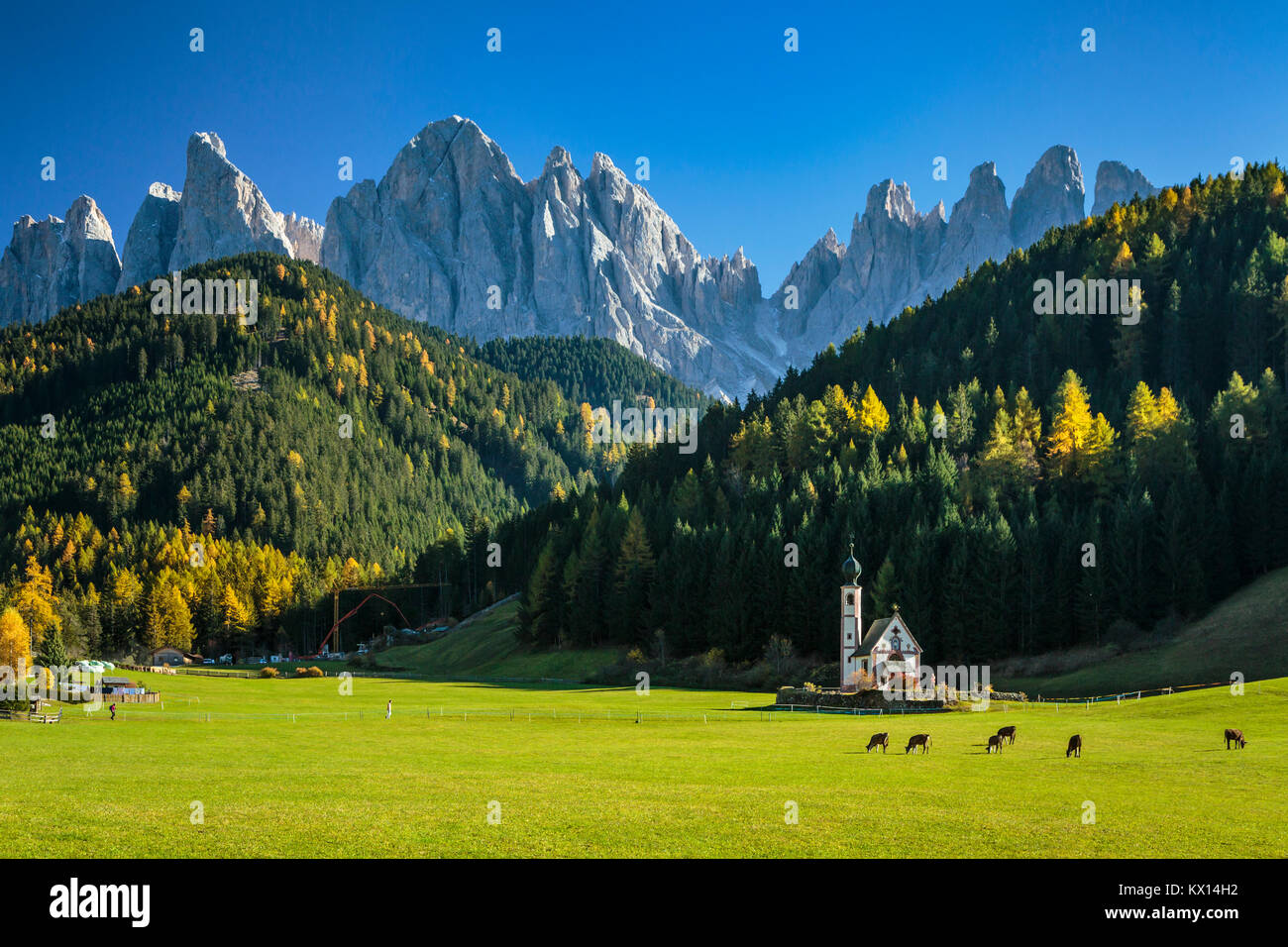 The Val di Funes Valley and San Giovanni church with views of the Dolomites, South Tyrol, Italy, Europe. Stock Photo