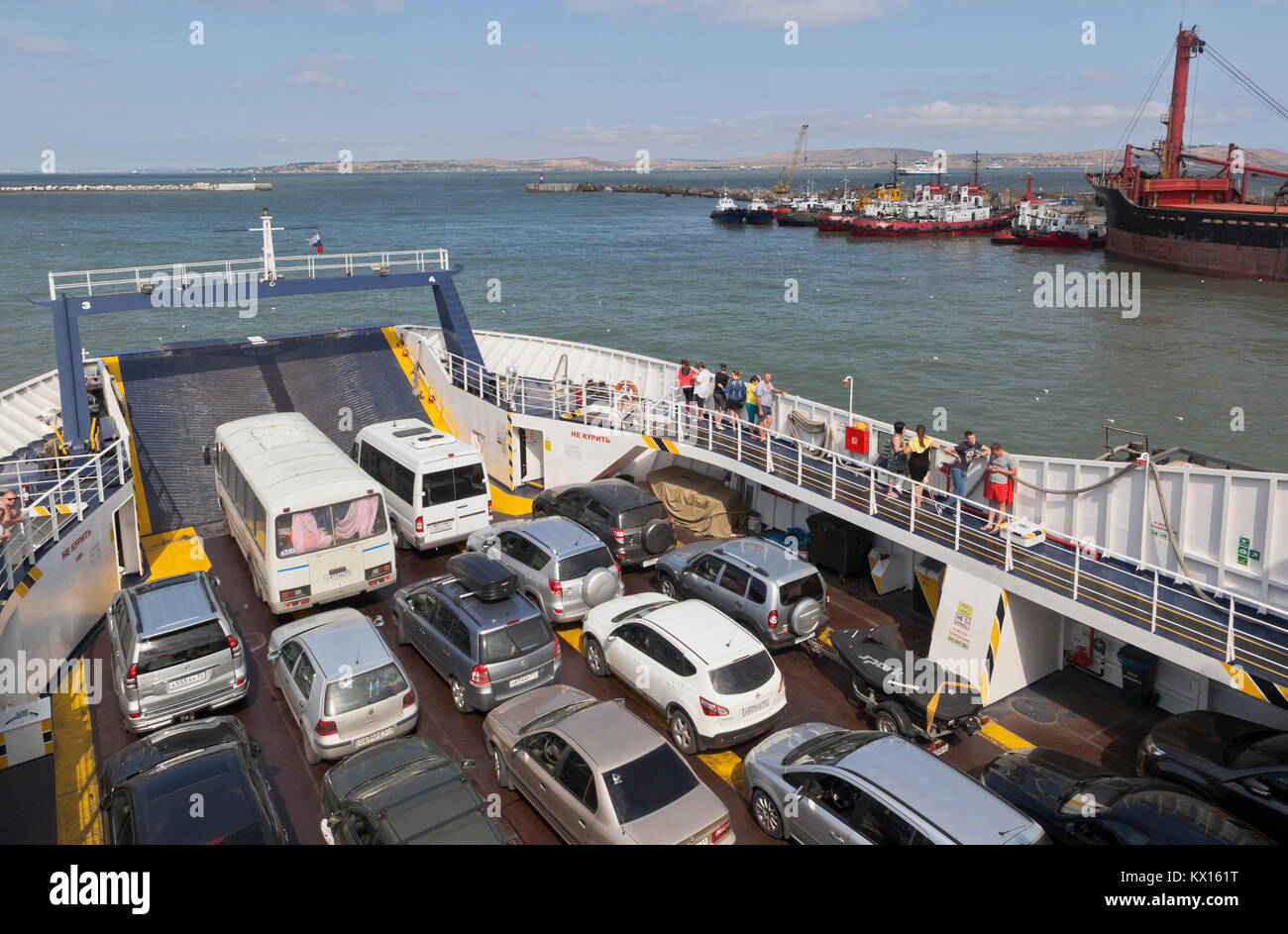 Kosa Chushka, Temryuk district, Krasnodar region, Russia - July 18, 2017: Car transportation through the Kerch Strait on the ferry 'Elena' Stock Photo