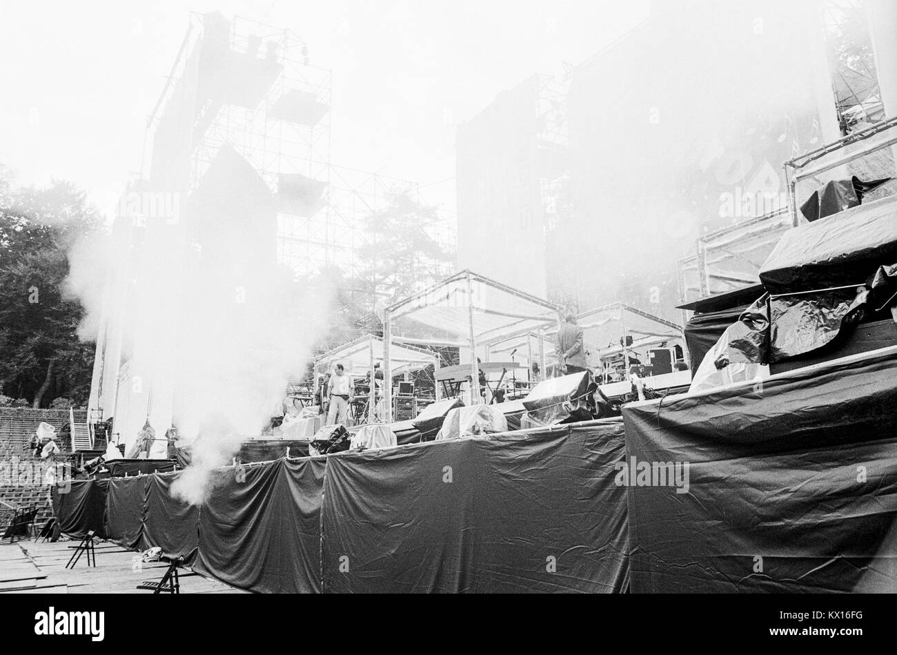 Stage building for Jean Michel Jarre concert Europe in Concert tour, staging by Edwin Shirely Staging constructed in the Waldbhuene outdoor auditorium in Berlin, Germany, 11th September 1993. Stock Photo