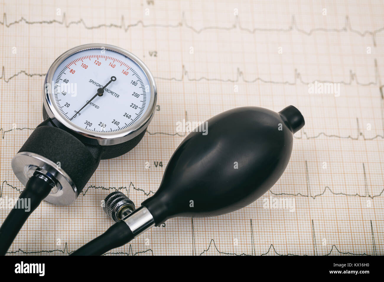 Blood pressure manometer on a cardiogram Stock Photo