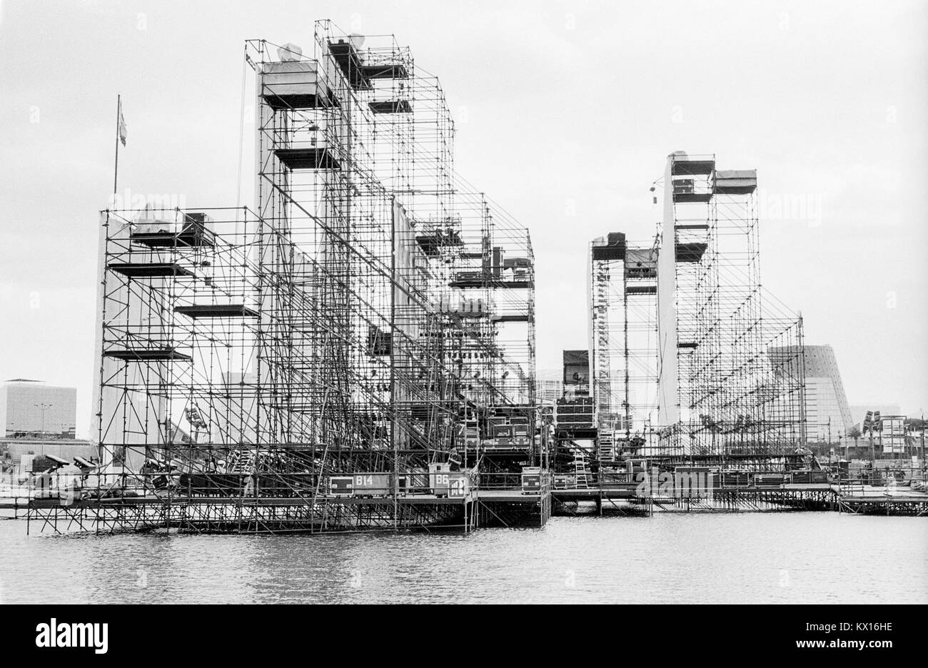 Stage building for Jean Michel Jarre concert Europe in Concert tour, Seville, staging by Edwin Shirely Staging constructed in the lake at the Seville Expo center, Lago de la Cartuja, Spain, 1st/2nd October 1993 Stock Photo
