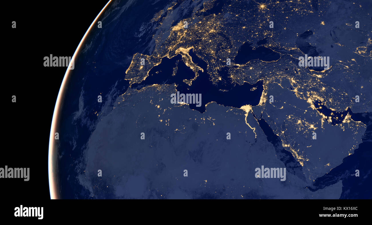 Middle east, west asia, east europe lights during night as it looks like from space. Elements of this image are furnished by NASA. Stock Photo