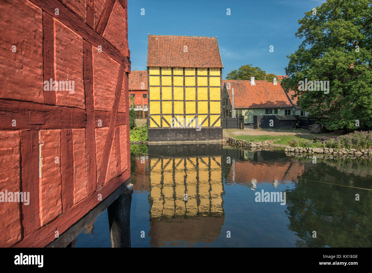 The Old Town in Aarhus is popular among tourists as it displays traditional Danish architecture from 16th century to 19th century. Stock Photo