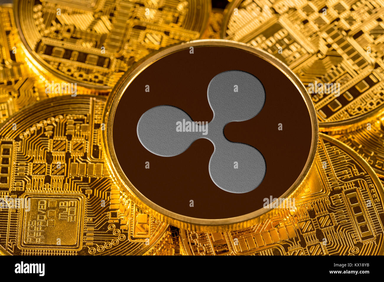 Illustration of Ripple coin with gold background Stock Photo