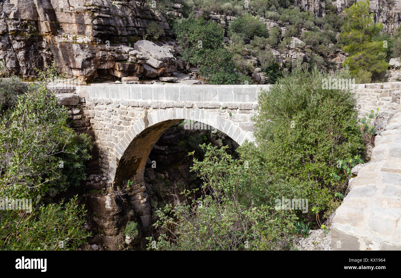 A view of the Roman Oluklu bridge that crosses Koprulu Canyon.  Koprulu Canyon is a National Park in the province of Antalya, south western Turkey. Stock Photo