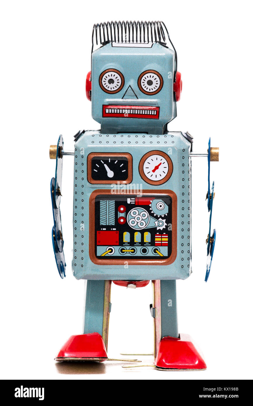 Vintage tin robot toy isolated on a white background Stock Photo - Alamy