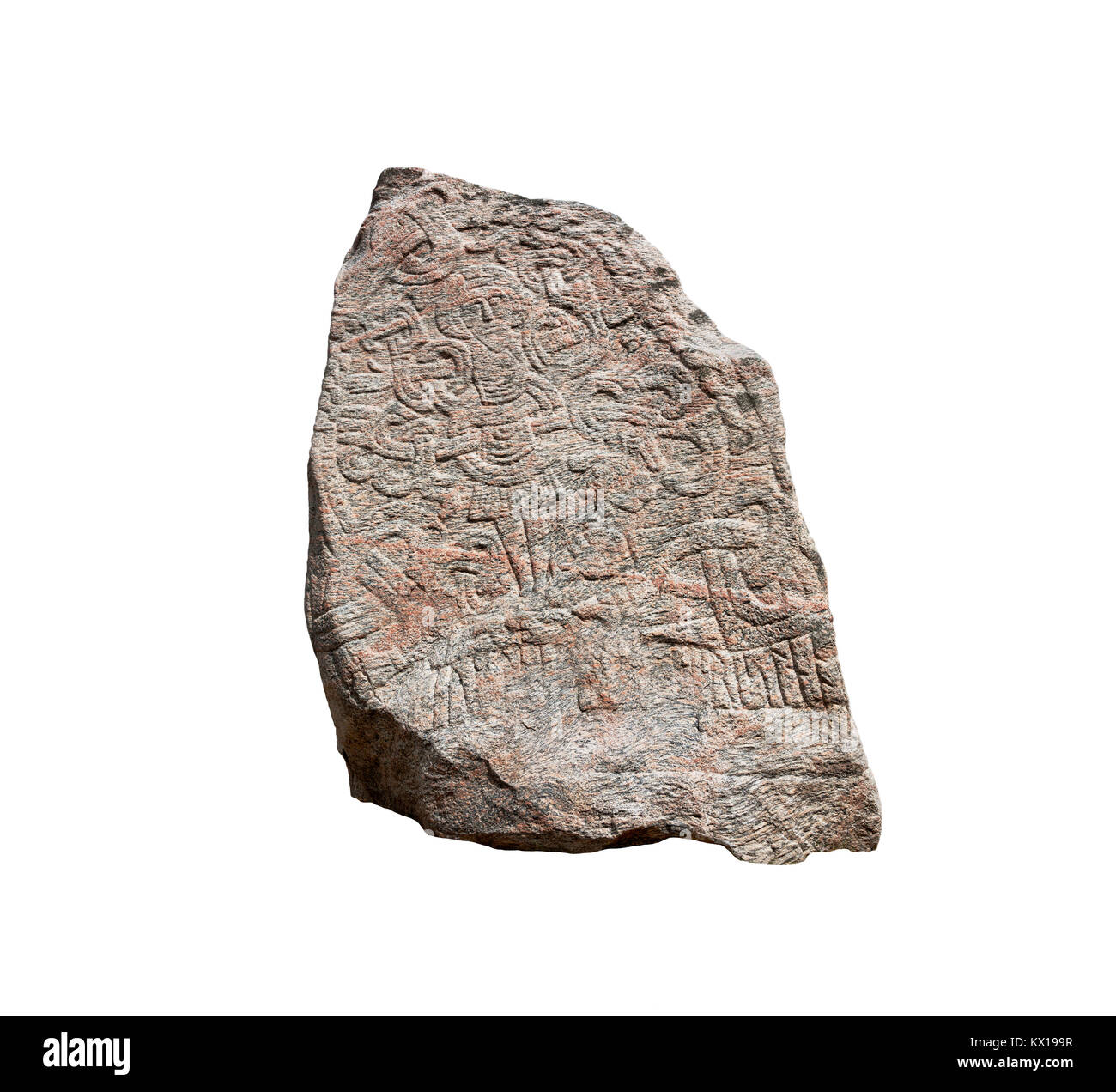 The figure of Christ on the large Jelling rune stone  raised by King Harald Bluetooth in the 960s. Other side of runic text. Isolated cut out on white Stock Photo