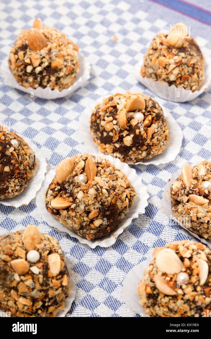 Traditional portuguese sweet of fig, carob and almond balls Stock Photo