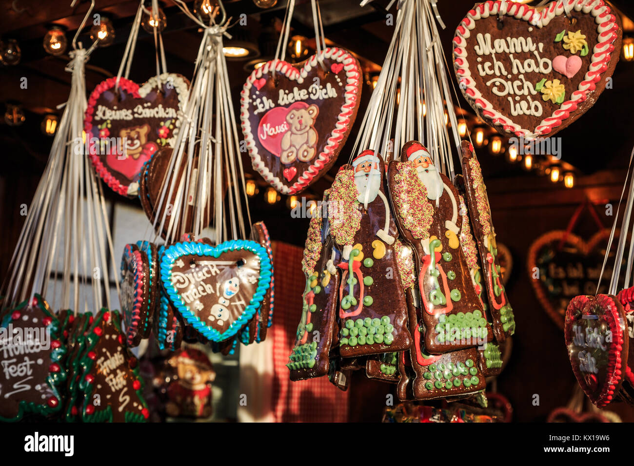 German Lebkuchen cookies for sale in a Christmas market stall Stock Photo