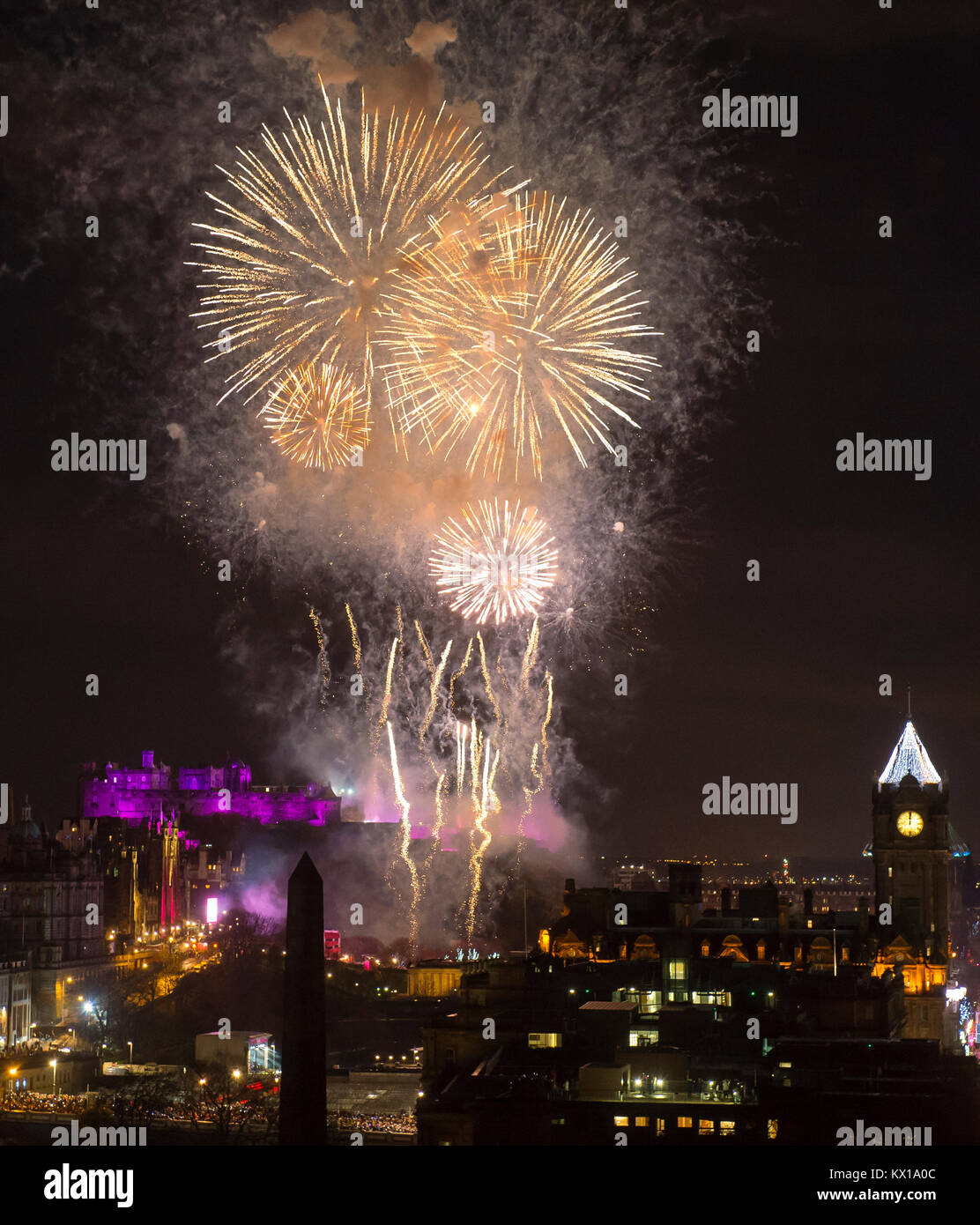 Firework display above Edinburgh Castle part of the 2018 Edinburgh new year celebrations. Stock Photo