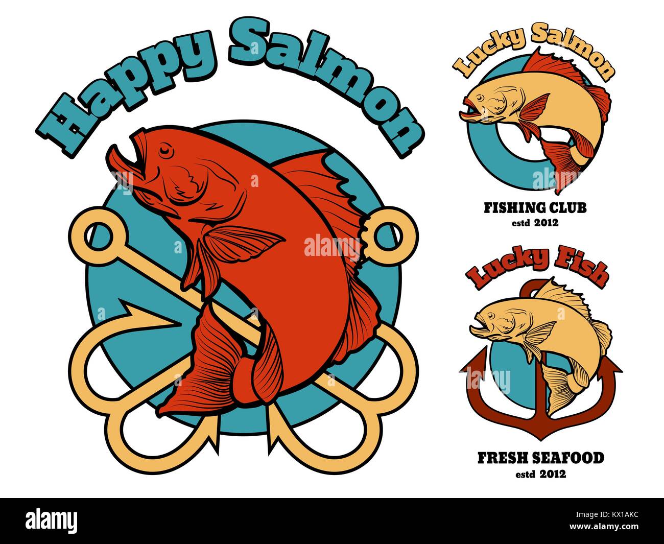 Set of emblem with jumping fish, labels and badges. Vector illustration. Stock Vector