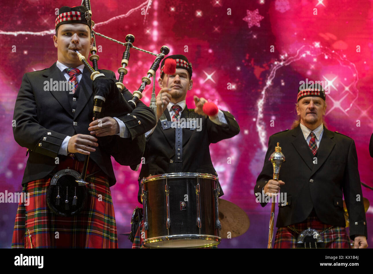 Scottish band performs on Tverskaya street in Moscow during the festival 'The Journey to Christmas' Stock Photo
