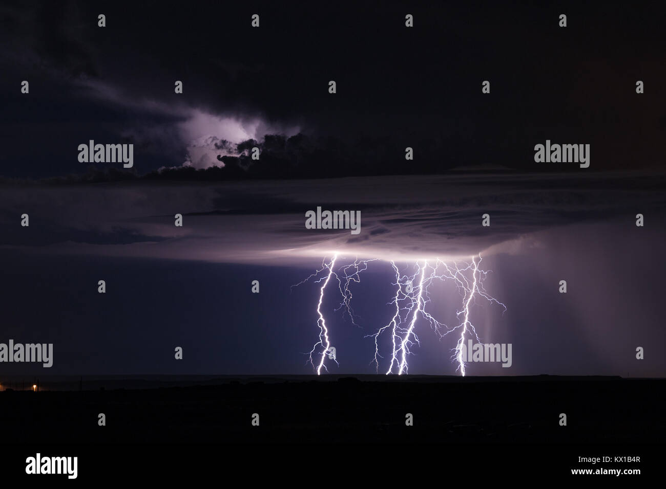 Dramatic night sky and lightning storm near Winslow, Arizona Stock Photo