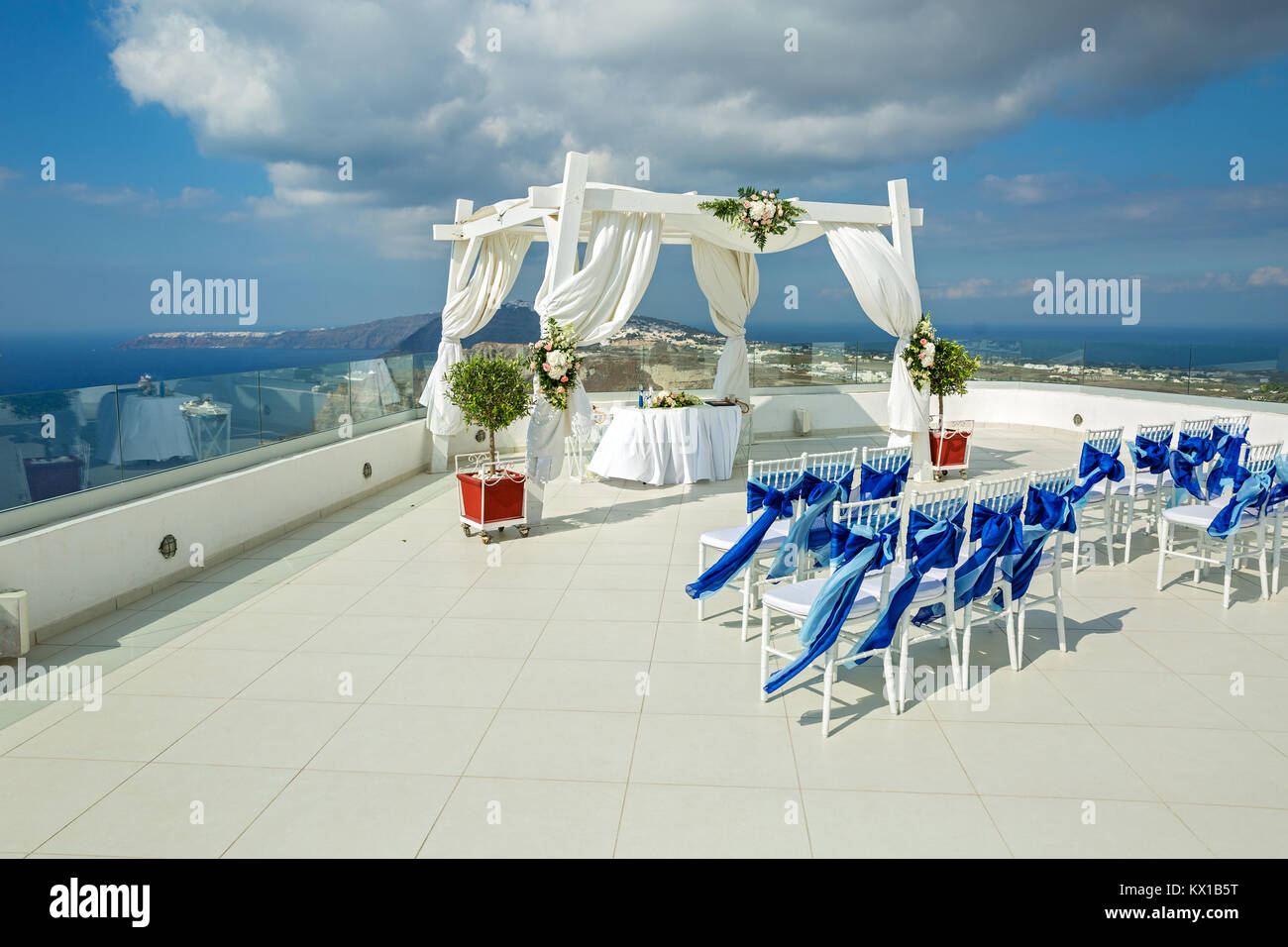 Decorations for wedding ceremony on the sea background Stock Photo
