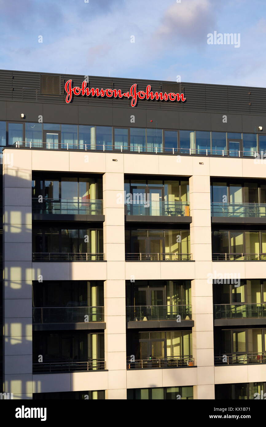 PRAGUE, CZECH REPUBLIC - JANUARY 6: Johnson & Johnson company logo on headquarters building on January 6, 2018 in Prague, Czech Republic. Stock Photo