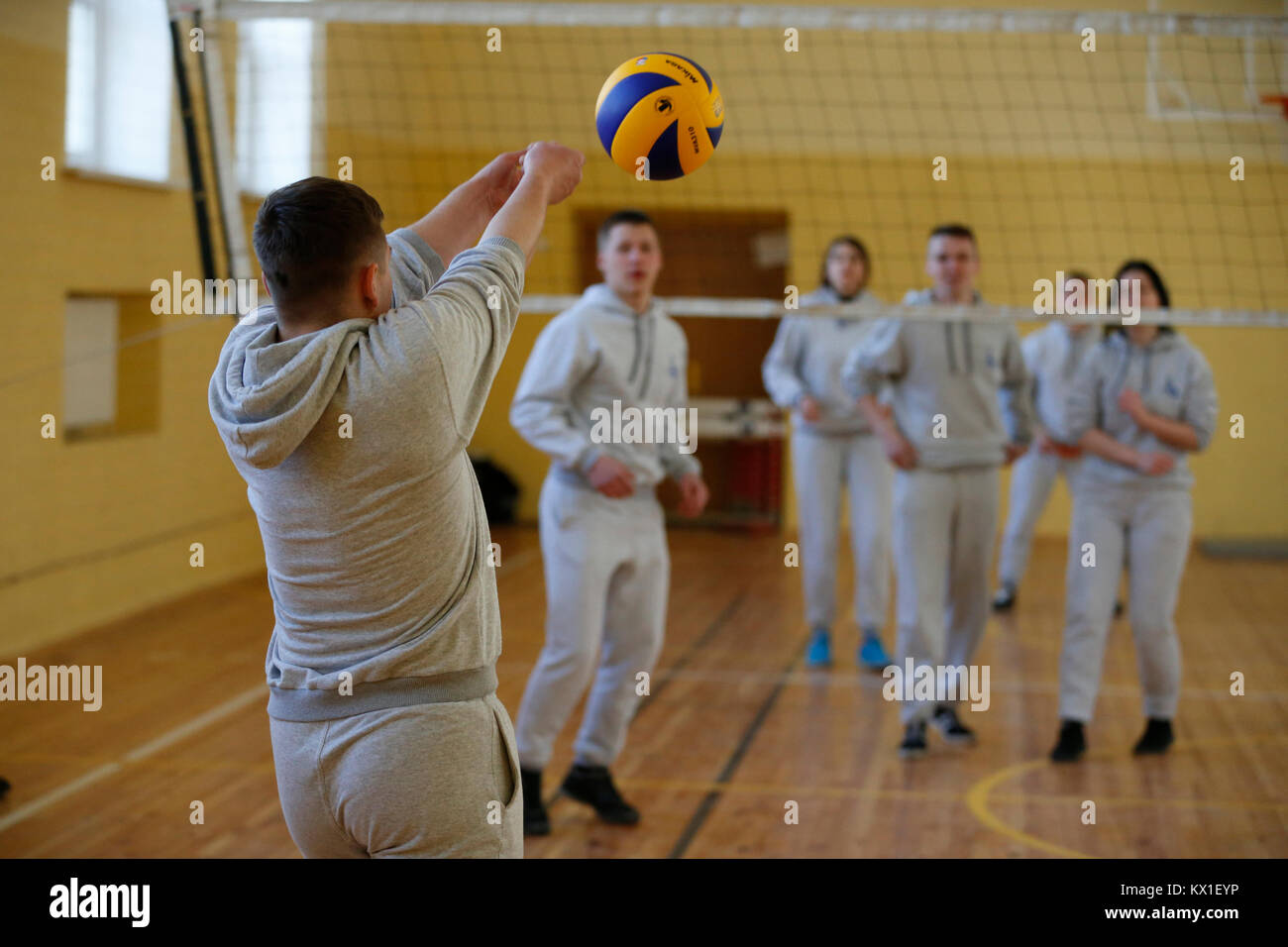 Belarus, Gomel, 21 April 2017. Open lesson on fire fighting. Volleyball