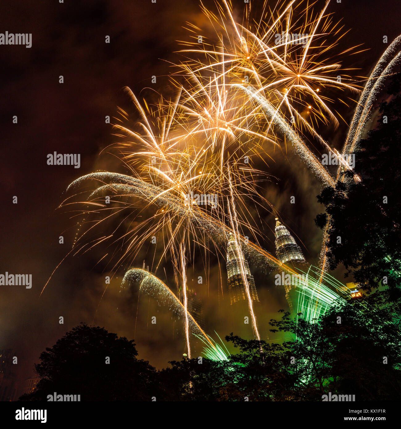 The New Year Fireworks at KLCC, Malaysia. Stock Photo