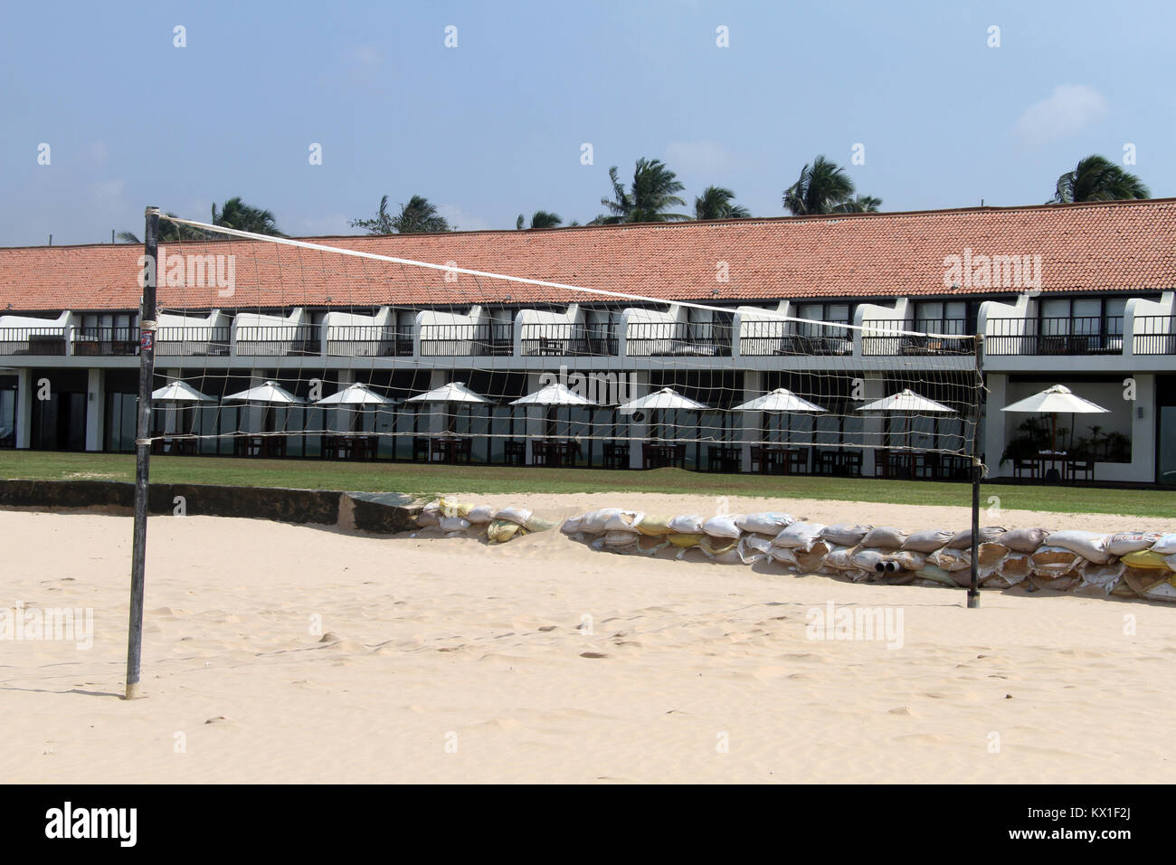 Volleyball net near hotel on the beach Bentota, Sri Lanka Stock Photo