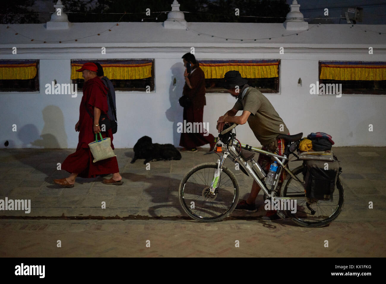 Russian Bicycle Traveler, Boudhanath, Kathmandu, Nepal Stock Photo