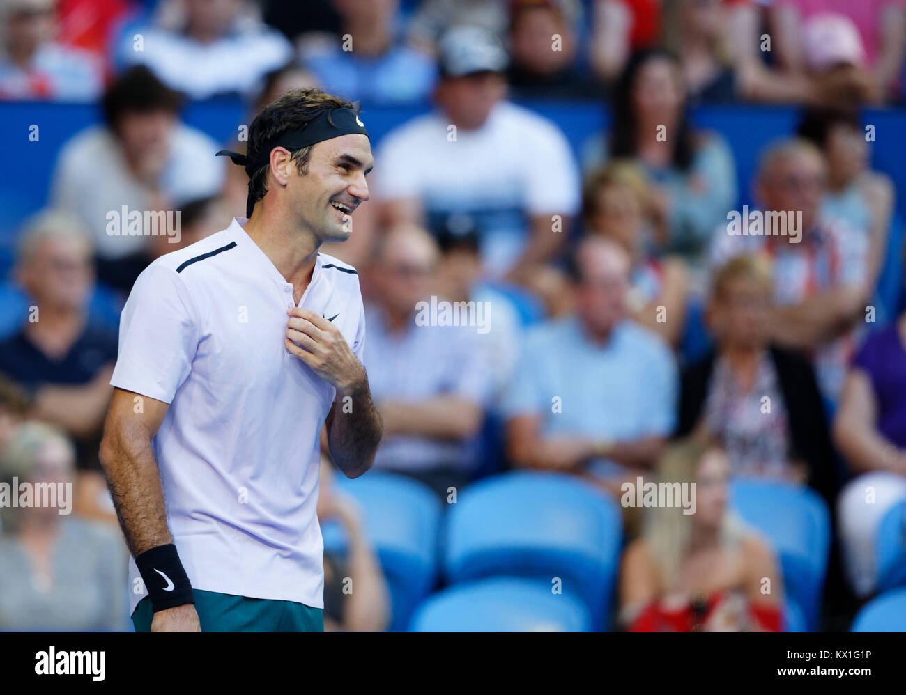 Perth, Australia. 6th january, 2017. Roger Federer of Switzerland reacts during his match against opponent Alexander Zverev of Germany in the final of the Hopman Cup in Perth, Australia, Januray 6, 2018. Credit: Trevor Collens/Alamy Live News Stock Photo