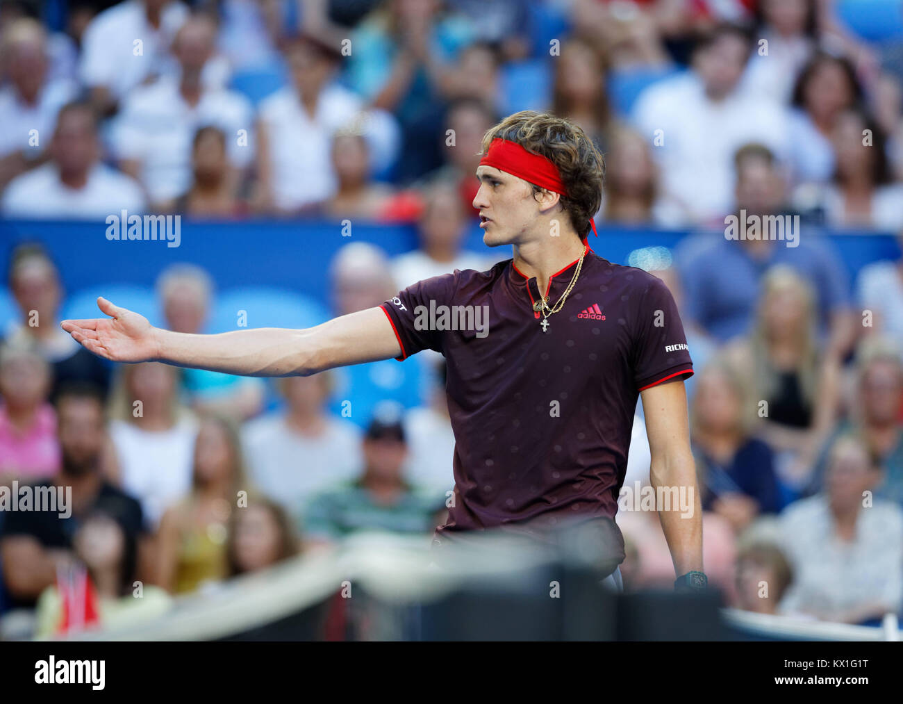 Perth, Australia. 6th january, 2017. Alexander Zverev of Germany reacts during his match against Roger Federer of Switzerland in the final of the Hopman Cup in Perth, Australia, Januray 6, 2018. Credit: Trevor Collens/Alamy Live News Stock Photo