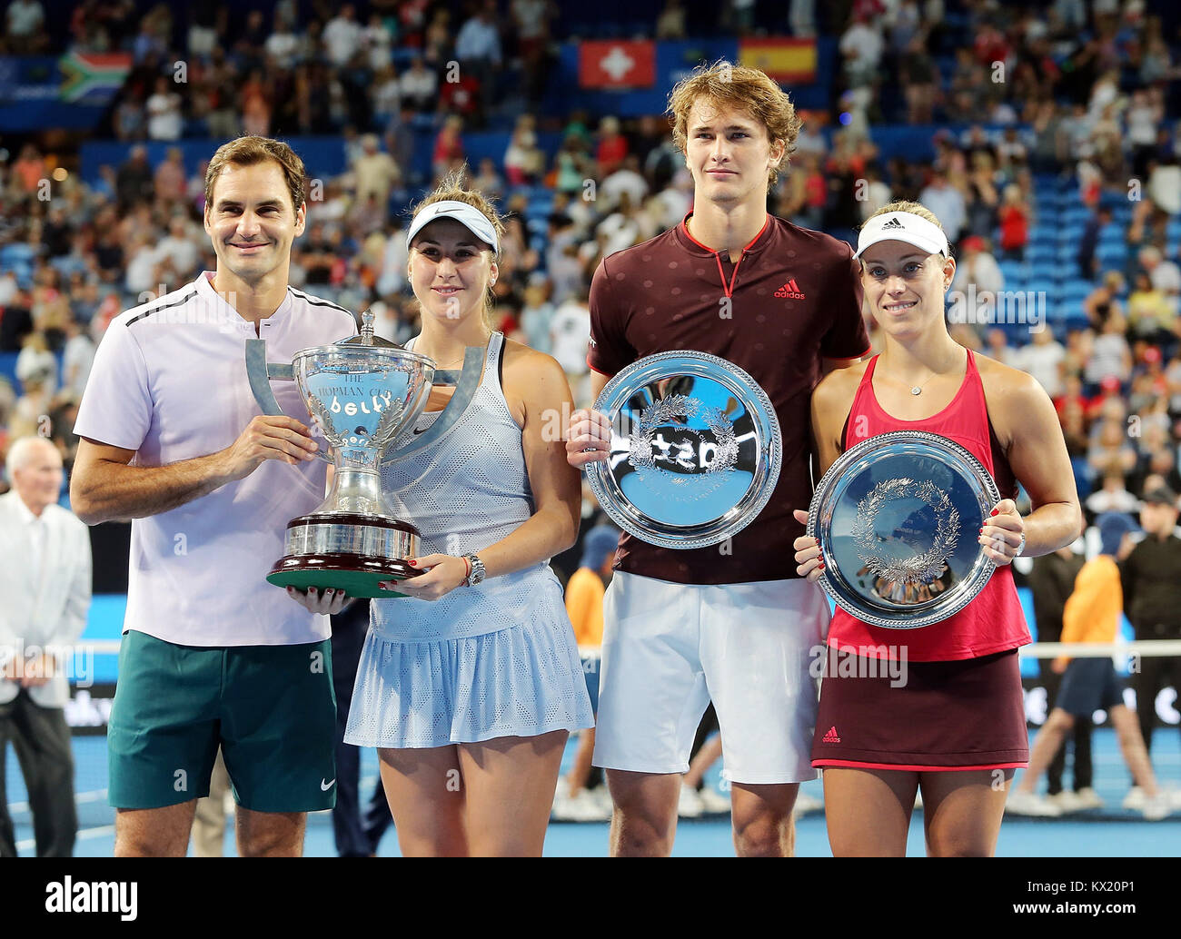 Perth, Australia. 6th Jan, 2018. (L-R) Roger Federer, Belinda Bencic of  Switzerland, Alexander Zverev and Angelique Kerber of Germany pose during  the awarding ceremony for the Hopman Cup mixed teams tennis tournament