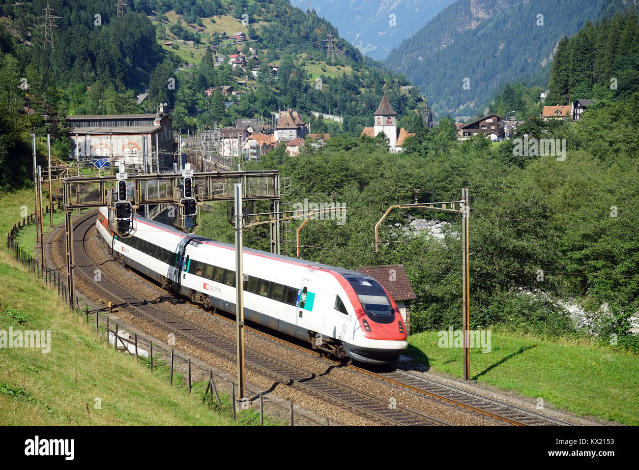 WASSEN, SWITZERLAND - CIRCA AUGUST 2015 Train on the railway Stock Photo