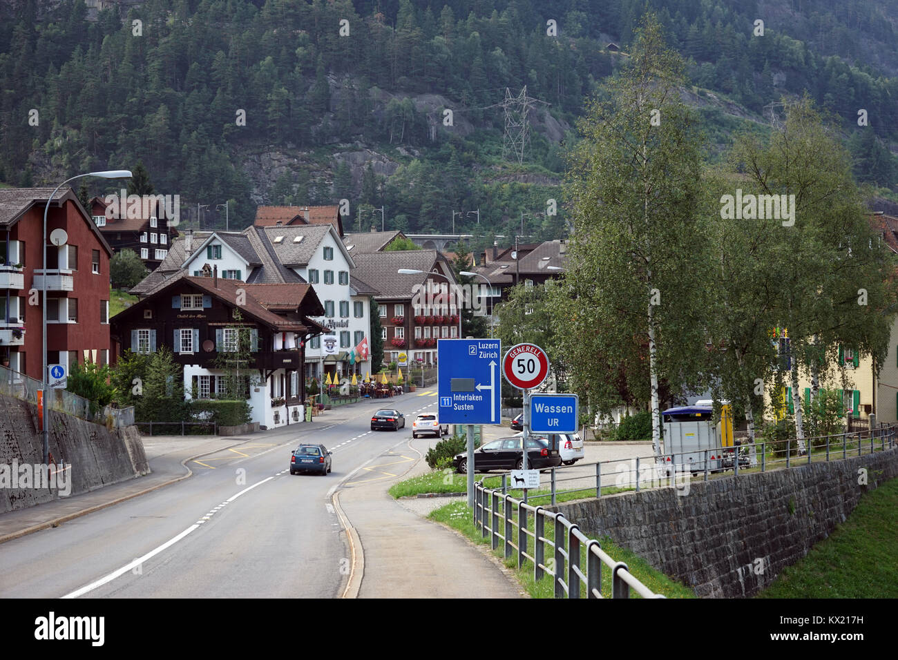 WASSEN, SWITZERLAND - CIRCA AUGUST 2015 Entrance of town Stock Photo