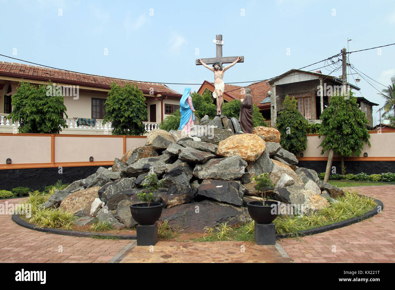 Hill with crucifixion in thre inner yard of church in Negombo, Sri Lanka Stock Photo