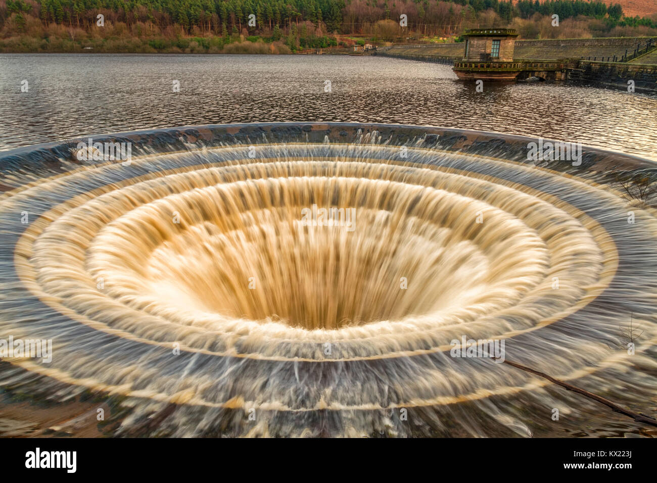 A closeup image of one of the plugholes at Ladybower Reservoir, Derbyshire Stock Photo